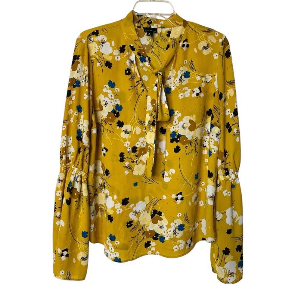 Worthington Yellow Floral V-Neck Tie Semi Sheer Blouse Flounce Sleeve‎ Womens L